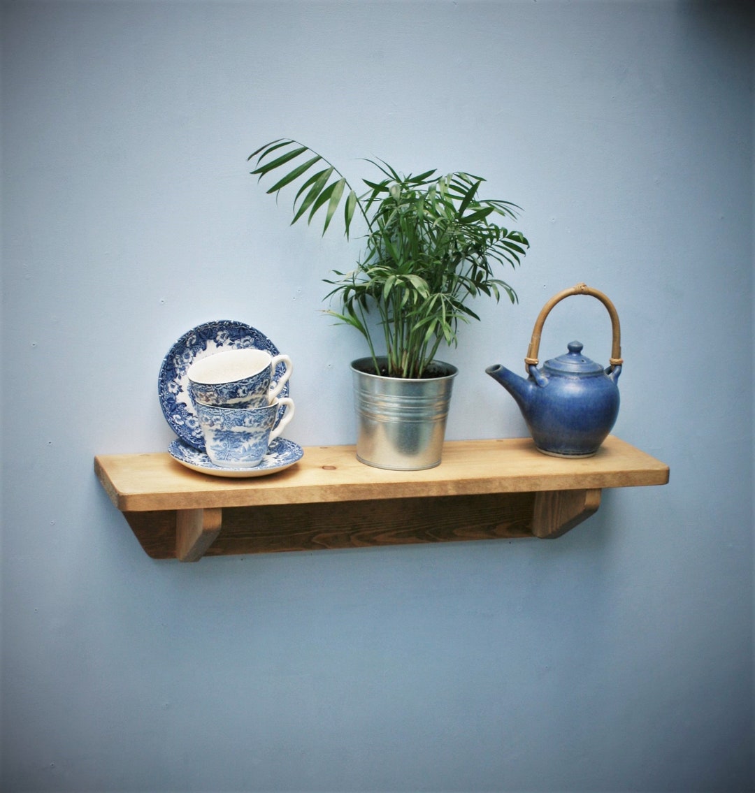 Kitchen Wall Shelf With Brackets 62 Cm Long, Chunky Natural Wood