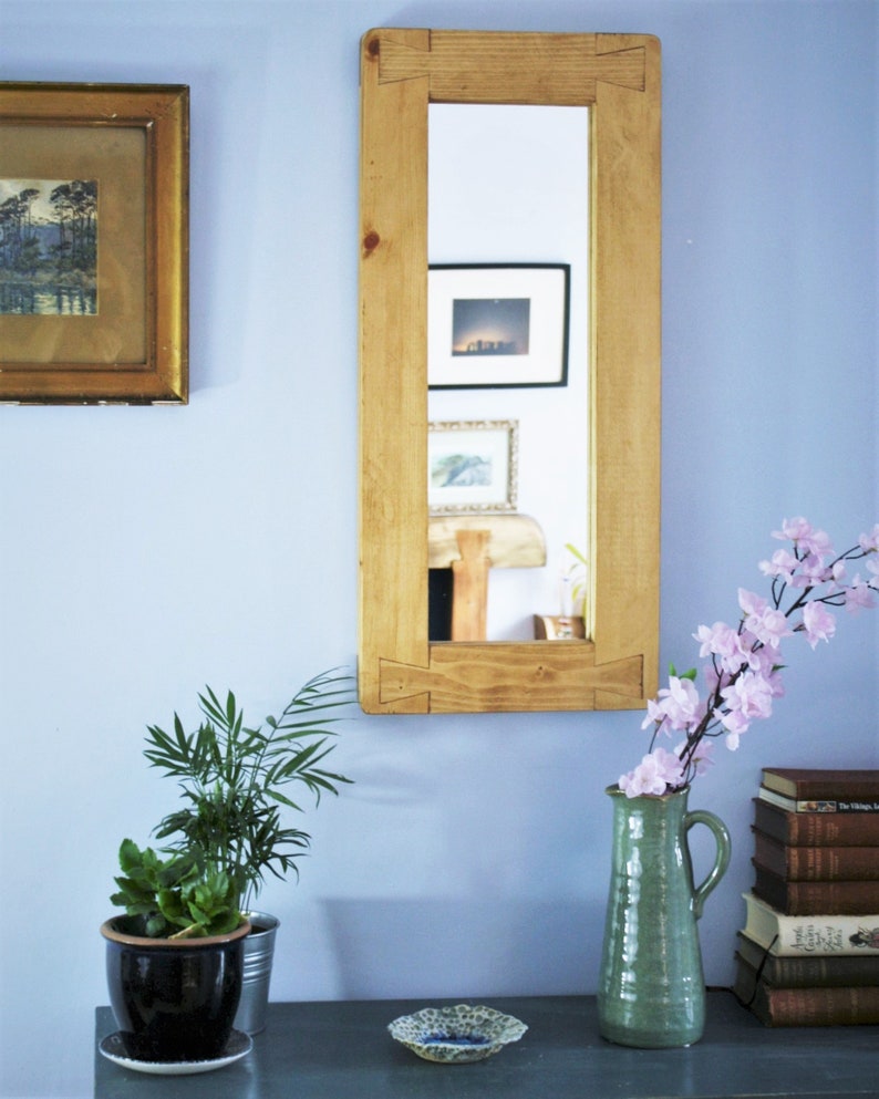 tall wooden mirror, chunky rustic natural frame, hallway, bathroom, bedroom dressing table, narrow 69 x 31 cm, custom handmade Somerset UK afbeelding 4