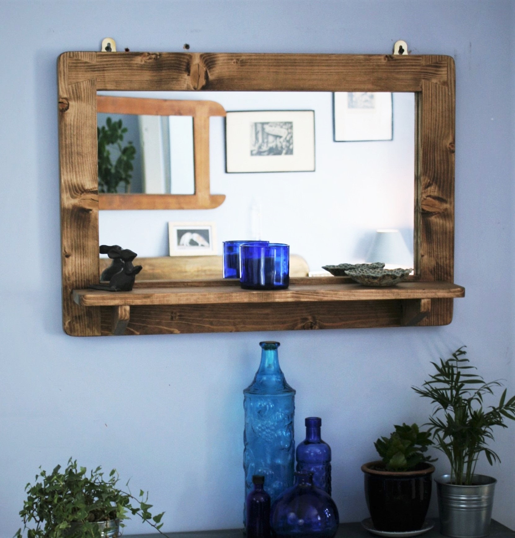 Large mirror with shelf dark wood mirror frame & shelf real Etsy