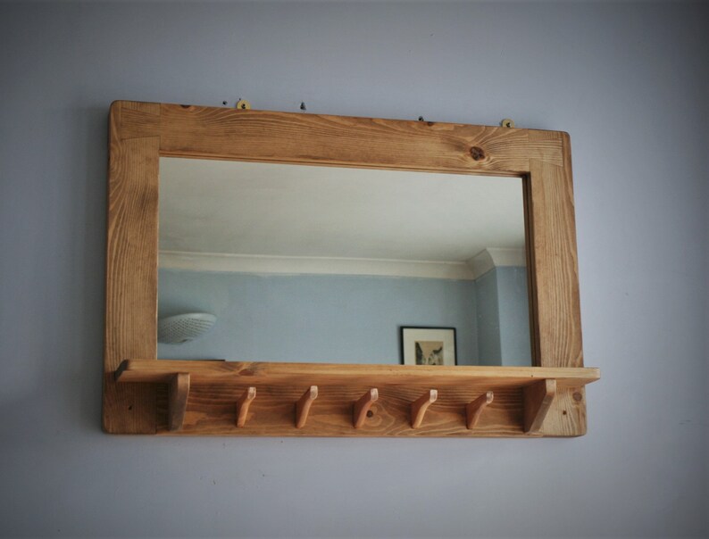 Large mirror with shelf 5 coat hooks natural wood hallway Etsy