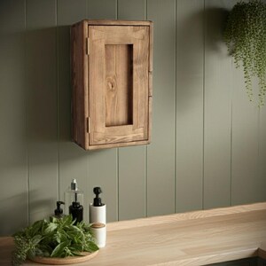 kitchen wall cabinet and slim storage cupboard in natural wood, with 3 shelves, single door, rustic dark wood, cottage style, Somerset UK image 4