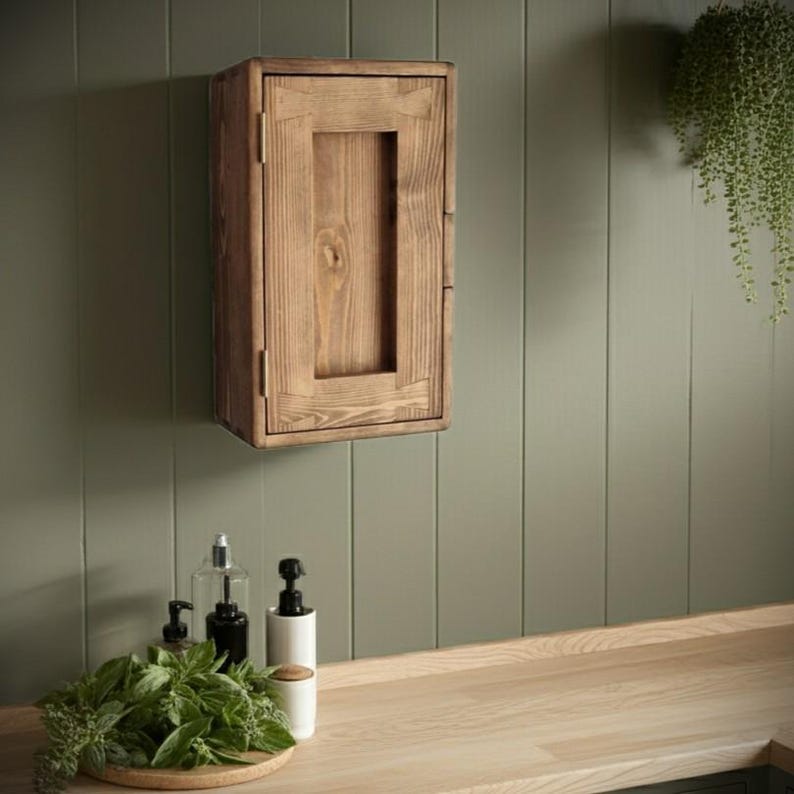 kitchen wall cabinet and slim storage cupboard in natural wood, with 3 shelves, single door, rustic dark wood, cottage style, Somerset UK image 4