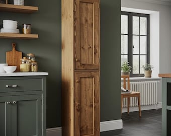 kitchen larder utility cupboard, 190H x 40W x 30D cm tall and slim rustic pantry cabinet natural wood, custom made in Somerset farmhouse UK