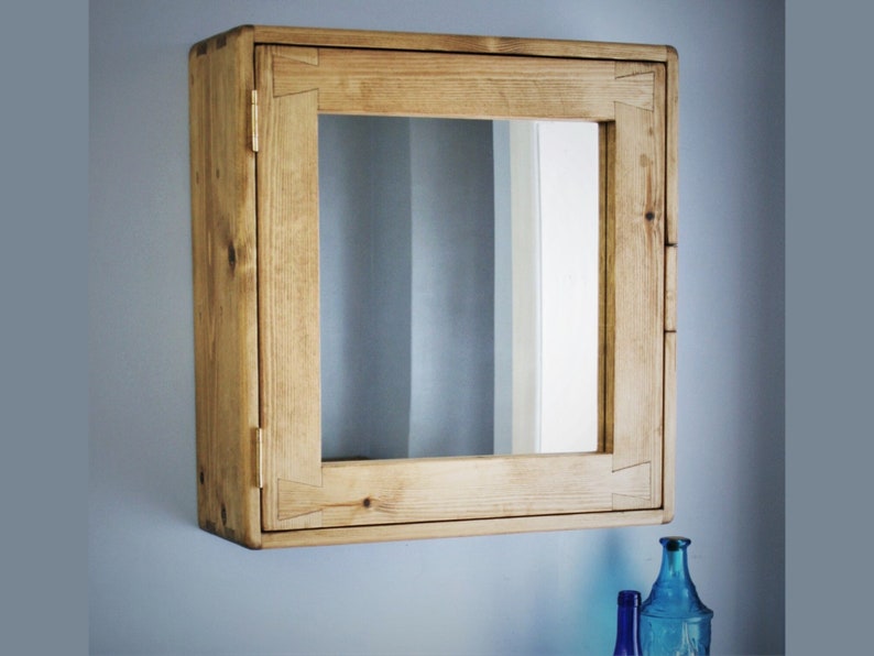Bathroom mirror cabinet, natural wood, medicine 56Hx54Wx18D cm large, wooden over sink, wall mounted, 3 shelves, handmade rustic Somerset UK