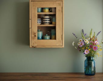 kitchen wall cabinet and storage display cupboard in natural wood, with 3 shelves, glass door, rustic farmhouse industrial style Somerset UK