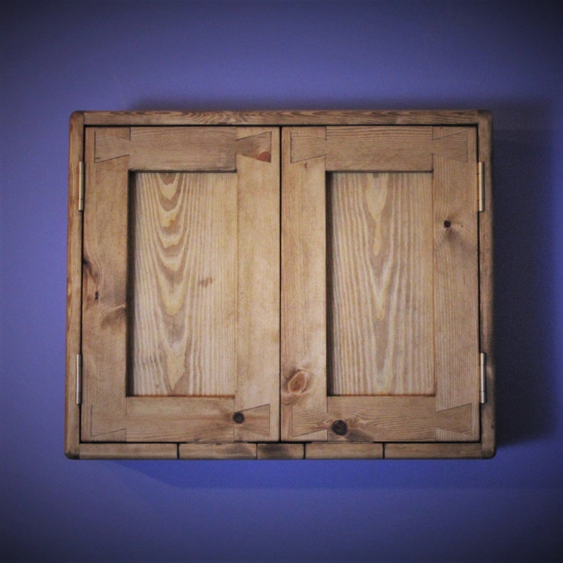 Short wooden kitchen cabinet & wall cupboard with 2 wooden doors, 2 shelves, natural wood, rustic farmhouse, custom handmade, Somerset UK Bild 2