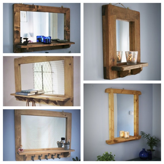 Large Mirror With Shelf 5 Iron Hooks Sustainable Real Wood Large Mirror With Shelf 5 Iron Hooks