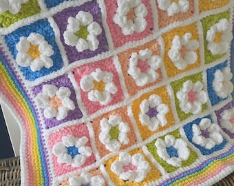 Snuggle Bloom Blanket | Flower Crochet Blanket Pattern | Chunky Chenille Granny Squares | PDF Download