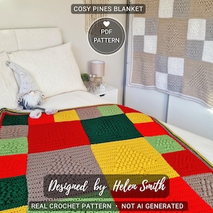 May include: A handmade, colorful crochet blanket with a patchwork design, featuring red, green, yellow, and gray squares. The blanket is displayed on a bed with white pillows and a matching blanket hanging in the background. Text on the blanket reads "Designed by Helen Smith".