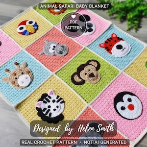 Könnte beinhalten: Eine farbenfrohe, handgefertigte Babydecke aus Häkelarbeit mit quadratischen Feldern, die verschiedene Tiergesichter zeigen, darunter eine Giraffe, ein Tiger und ein Pinguin. Die Decke hat einen weißen Rand und den Text "ANIMAL SAFARI BABY BLANKET" und "Designed by Helen Smith".
