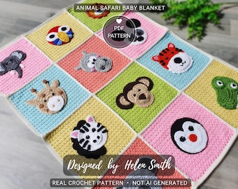 Manta de bebé con temática de safari animal / Patrón de ganchillo / Descarga en PDF / Términos para Reino Unido/EE. UU.