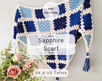 Saffier sjaal | Haakpatroon | Oma vierkant ontwerp | Pdf-download | Voorwaarden VK/VS