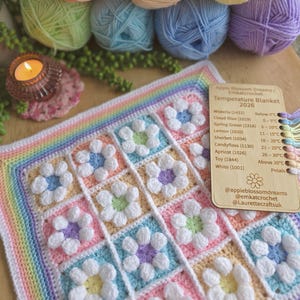 May include: A crochet temperature blanket square featuring white flower motifs with pastel centers, surrounded by a rainbow-striped border. A wooden tag lists color codes and temperature ranges for 2026, accompanied by yarn balls in matching pastel shades.