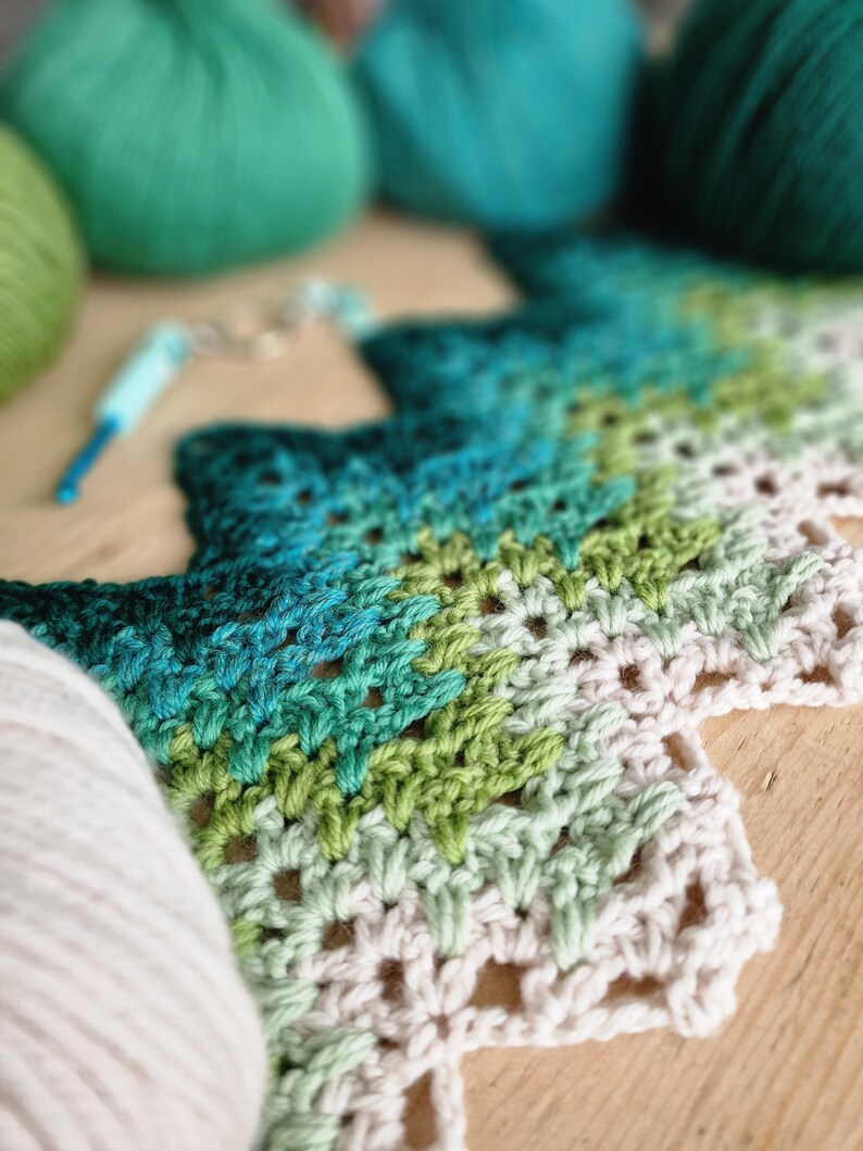May include: A close-up of a crochet project in progress, featuring a gradient of green and blue yarn. The project is a textured, open-weave design. Several balls of yarn in various shades of green and blue are in the background, along with a crochet hook.