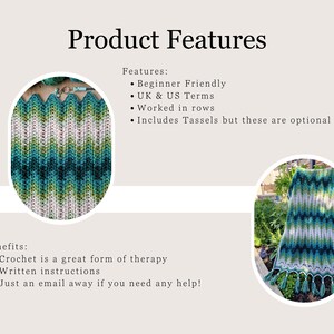May include: An image showcasing a crochet project with a chevron pattern in shades of green, blue, and white. The text "Product Features" is at the top, with bullet points describing the project as beginner-friendly, using UK & US terms, worked in rows, and including optional tassels.