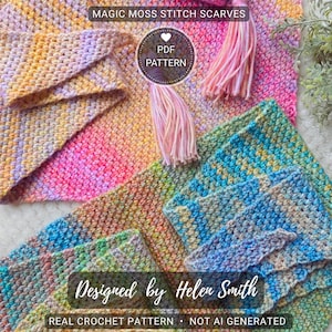 Puede incluir: Una colección de coloridas bufandas de ganchillo hechas a mano en tonos rosa, azul, amarillo y verde. La imagen incluye un ganchillo y el texto "MAGIC MOSS STITCH SCARVES" y "Designed by Helen Smith".