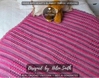 Hugs & Hearts Blanket | Crochet Pattern | Large Aran Throw | PDF Download | UK/US Terms