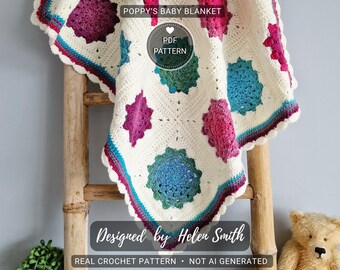 Poppys Baby Blanket | Crochet Pattern | Granny Squares | In the round | PDF Download | UK/US Terms