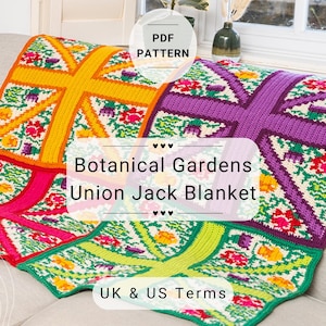 UK / US-Bedingungen, Botanische Gärten Union Jack Häkeldecke, PDF-Häkelanleitung, Sofortdownload, Häkelanleitung, Digitaler Download-Muster