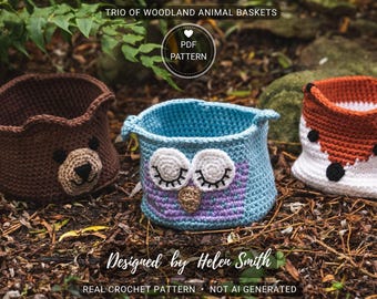 Trio of Woodland Animal Baskets | Crochet Pattern | PDF Pattern | UK/US Terms