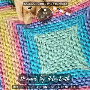 May include: A colorful, square baby blanket with a bobble stitch pattern. The blanket features a gradient of colors, including pink, yellow, blue, and green. The text "KALEIDOBOBBLE BABY BLANKET" and "Designed by Helen Smith" are visible. The blanket is a real crochet pattern.