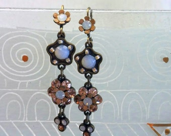 Vintage Inspired Israeli Style White Opal and Peach Crystal Flower Hanging Earrings