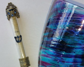 Jewish Wedding Break the Glass Star Mezuzah Kit-(Mezuzah color shown is Antq Brass and Blue)  Purple and Blue is the glass color shown