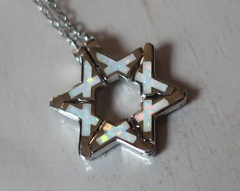 Butterfly Jewish Star of David Necklace in White Opal
