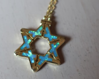 Butterfly Jewish Star of David Necklace in Blue Opal on Gold