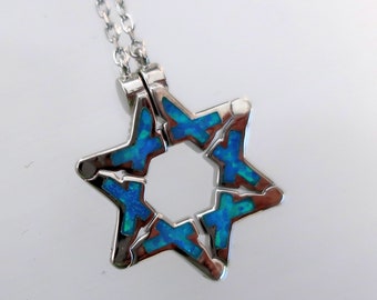 Butterfly Jewish Star of David Necklace in Blue Opal