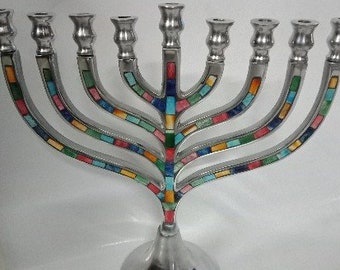 Hanukkah menorah with Multi Mosaic Inlay Traditional Shaped Silver Aluminum Hanukia