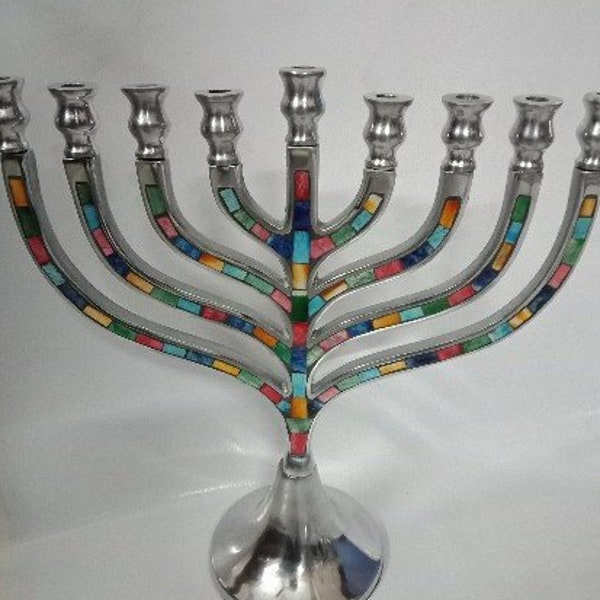 Hanukkah menorah with Multi Mosaic Inlay Traditional Shaped Silver Aluminum Hanukia