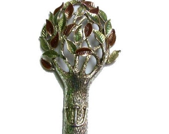 Tree of Life Mezuzah with Brown and Green Autumn colored Painted Leaves