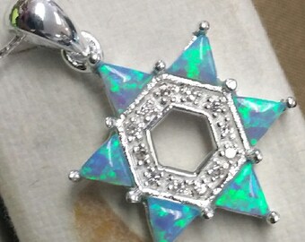 Blue Opal Jewish Star of David Pendant with Crystal encrusted open center, Blue Opal Magen David Necklace, opal star necklace