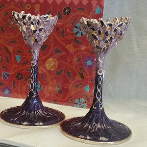 Tree of Life Shabbat Candlesticks in Purple