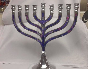 Hanukkah 12 inch menorah in Traditional Silver Aluminum with Purple Mosaic Inlay design, Silver Aluminum Hanukia