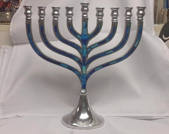 Hanukkah 12 inch menorah in Traditional Silver Aluminum with Blue Mosaic Inlay design, Silver Aluminum Hanukia