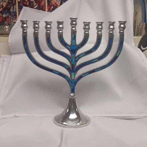 Hanukkah 12 inch menorah in Traditional Silver Aluminum with Blue Mosaic Inlay design, Silver Aluminum Hanukia