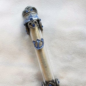 Jewish Heart Mezuzah with Blue and White on Pewter