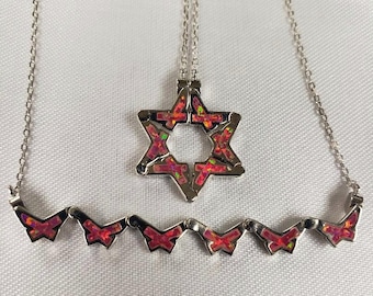 Butterfly Jewish Star of David Necklace in Pink Opal