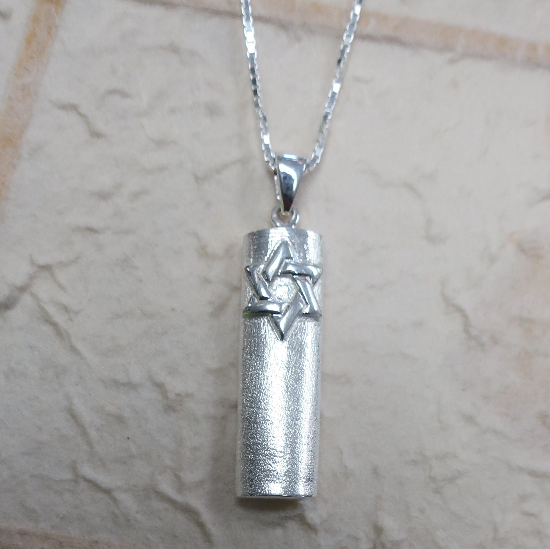 Brushed Sterling Silver Mezuzah Pendant with a Magen David Jewish Star