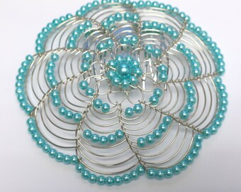 Beaded wire kippa on silver wire - turquoise
