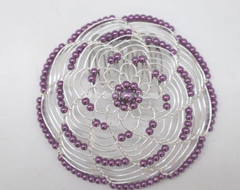 Purple Beaded wire kippa on silver wire