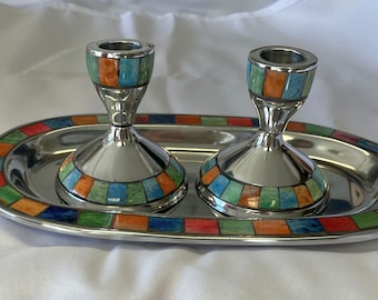 Mosaic Shabbat Candleholders in Multi color inlay