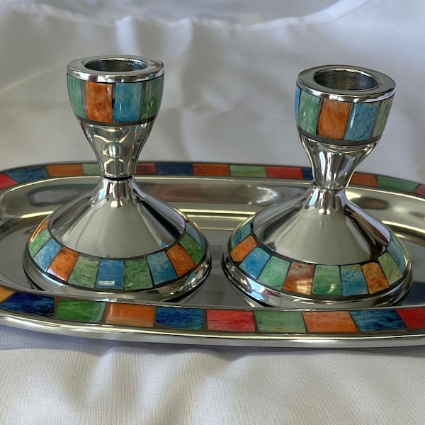 Mosaic Shabbat Candleholders in Multi color inlay