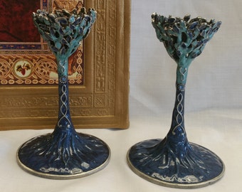 Tree of Life Candlesticks in Blue. Shabbat Candle holders