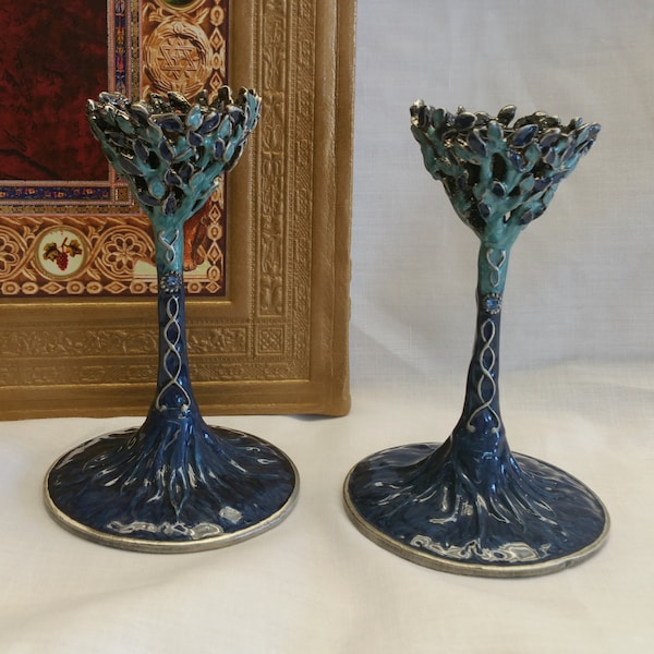 Tree of Life Candlesticks in Blue. Shabbat Candle holders