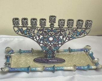 Filagree Style Hanukkah Menorah in purple, blue and white enamel accented with crystals