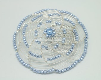 Eleggant Women's Lite Blue Beaded wire kippa on silver wire