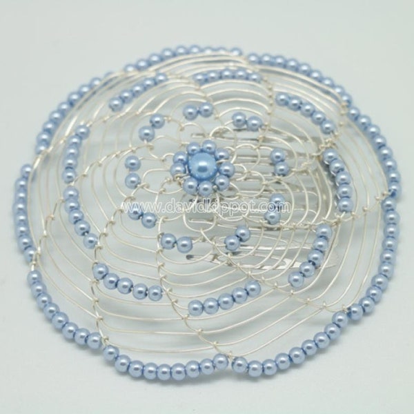 Lite Blue Beaded wire kippa on silver wire